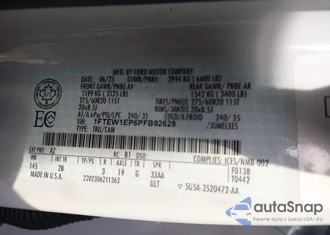 2023 Ford F-150 Lariat from USA, damaged, VIN 1FTEW1EP6PFB92628